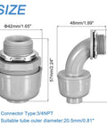 Heavy Duty 100 Pack Of 3/4 Inch NPT Liquid Tight Connectors For PVC Electrical Conduit Fittings Featuring Rock Solid Waterproof Seals That Click Right Into Place And Lock Down Tight For Every Tough Job Site Run, showing dimensions and details.