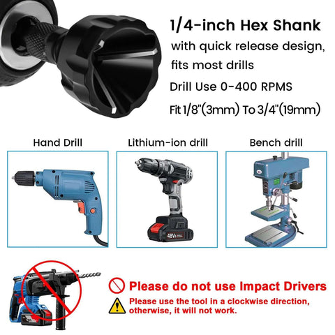 Close-up of Hakkin 1/4-inch hex shank deburring external chamfer tool with carbide blade.
