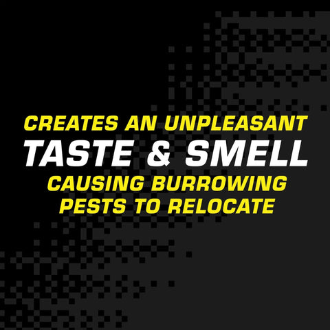 Creates an unpleasant taste and smell text for Castor Oil Based Mole And Gopher Repellent Granules For Lawn And Garden, Safe for Pets and Kids
