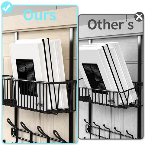 Side-by-side comparison of Over The Door Hooks Organizer With Basket And 12 Coat Hooks Grab And Go Door Hanger Storage Rack.