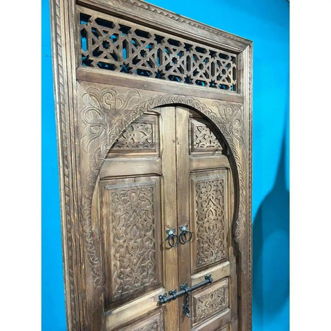 Dope Two Carved Panels Handcrafted Barn Door With Royal Brown Finish Custom Size Dual Sliding Or Hinged Interior Exterior Front Door Antique Modern Style Made To Order showing detailed carvings.