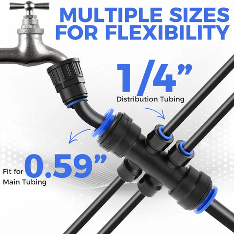 Close-up of Eight Piece One Quarter Inch Drip Irrigation 6 Way Splitter Connector Kit for DIY Lawn and Garden Setup
