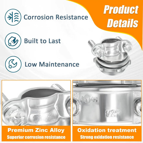Top Shelf Heavy Duty Zinc Alloy Cable Connectors And Wire Clamps Assortment For Romex And Standard Residential Electrical Wiring Keeps Your Diy Project Tight With Zero Sweat, showcasing rust-resistant zinc connectors with bolts.