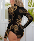 Snag This Retro Industrial Gear Bodysuit For Women With A Cool Mock Turtleneck, showcasing gears design and fitted style.