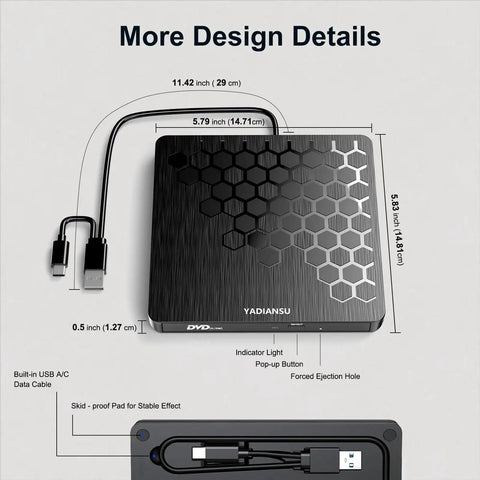 Ultra Slim External CD DVD Drive USB 3.0 Type-C No Fuss Plug And Play Optical Burner For Laptops Desktops And PCs Read Write Burn CD DVD On Windows Mac Linux Compact Black, 0.5-inch slim black drive with dual USB cable