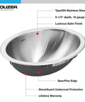 Drop In 18 Inch Stainless Steel Oval Bathroom Sink No Overflow Single Bowl Satin Finish Cabinet Compatible Easy To Clean