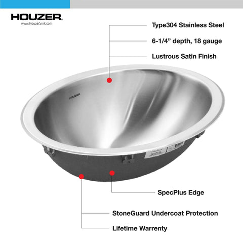 Drop In 18 Inch Stainless Steel Oval Bathroom Sink No Overflow Single Bowl Satin Finish Cabinet Compatible Easy To Clean