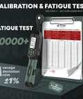 Quarter Inch Digital Torque Wrench 1.1 to 22.2 Foot Pounds Range With Digital Display Buzzer And Led Flash Track Mode 1/4 Drive Set shown with calibration and fatigue test report.