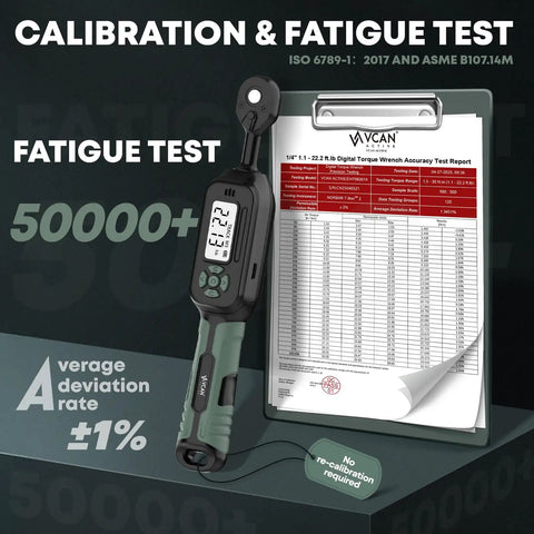 Quarter Inch Digital Torque Wrench 1.1 to 22.2 Foot Pounds Range With Digital Display Buzzer And Led Flash Track Mode 1/4 Drive Set shown with calibration and fatigue test report.