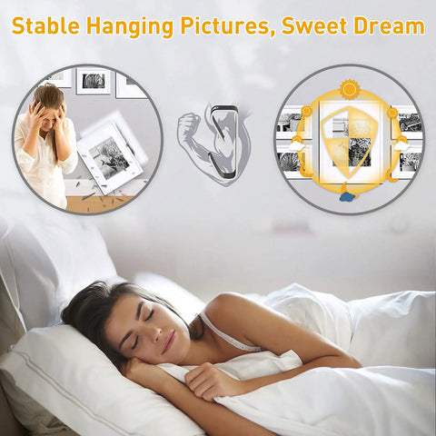 Woman sleeping peacefully, emphasizing heavy duty picture hanging kit with 50 pcs hooks and nails for secure gallery style displays.