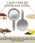 Stainless Steel Measuring Cup 1 Cup - Heavy Duty Kitchen Workhorse For Wet And Dry Ingredients, 250 Milliliters, 8 Ounces, Rust Resistant Metal Scoop, Built To Last, Perfect Go-To Mini Dog Food Scoop, 1 cup stainless steel measuring cup shown with pet food, rice and oil