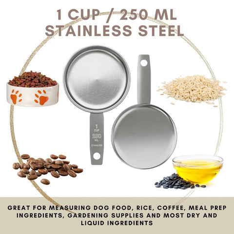 Stainless Steel Measuring Cup 1 Cup - Heavy Duty Kitchen Workhorse For Wet And Dry Ingredients, 250 Milliliters, 8 Ounces, Rust Resistant Metal Scoop, Built To Last, Perfect Go-To Mini Dog Food Scoop, 1 cup stainless steel measuring cup shown with pet food, rice and oil