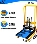 Front view of a yellow hydraulic lift stacker with double-column frame, adjustable forks, and removable blue platform.