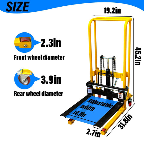 Front view of a yellow hydraulic lift stacker with double-column frame, adjustable forks, and removable blue platform.
