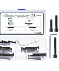 Boss Level 25PC Hex Socket Head Cap Screw Kit With M8 Size 30 35 40 45 50mm Black Steel Fasteners Perfect For Sick DIY Furniture Repair Plumbing Woodworking And Industrial Uses Where You Need Heavy Duty Bolts To Keep Things Down Secure Now. 25pc black steel hex socket head cap screw kit in organizer with Allen key