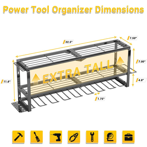 Heavy Duty Tool Organizer Wall Mount Rack With 3-Tier Extra Tall Metal Shelf, 8 Drill Holders And Battery Storage dimensions