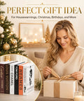 Woman wrapping gift beside Luxe Large Faux Decorative Books Set 4 pieces, Christmas themed home setting