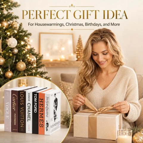 Woman wrapping gift beside Luxe Large Faux Decorative Books Set 4 pieces, Christmas themed home setting