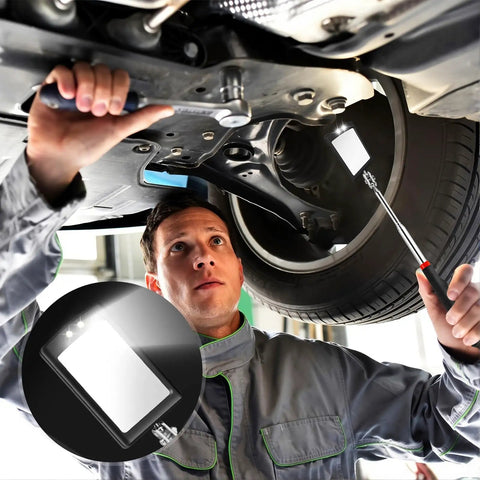 Mechanic using Extendable 12 To 35 Inch Inspection Mirror With 360 Degree Rotating LED Head for vehicle checks under car