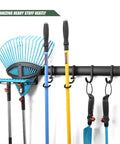 Heavy Duty Wall Mounted Tool Rack With Six Aluminum Hooks For Garage, Shed Or Workshop, holds rakes and spades