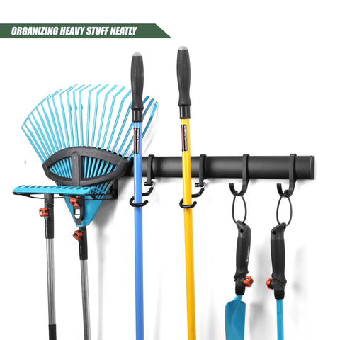 Heavy Duty Wall Mounted Tool Rack With Six Aluminum Hooks For Garage, Shed Or Workshop, holds rakes and spades