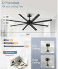 Diagram showing dimensions and installation options for 84 Inch Large Ceiling Fan Without Light With 8 Aluminum Blades.