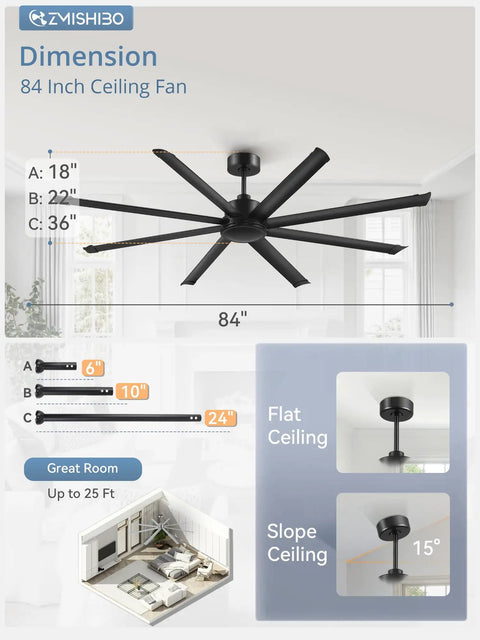 Diagram showing dimensions and installation options for 84 Inch Large Ceiling Fan Without Light With 8 Aluminum Blades.