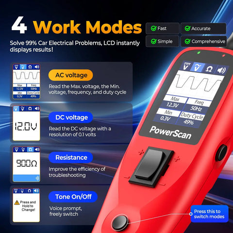 PowerScan PS100 Circuit Tester 2 Point 0 12 24V Automotive Electrical Probe Tool with LCD, 4 work modes, red handheld tester