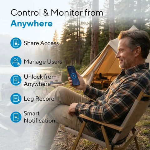 Man using smartphone app to control WiFi Smart Lock With Handle And Fingerprint Keyless Entry, Auto Lock And Auto Unlock at campsite