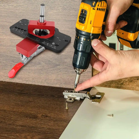 Tough As Nails 35mm Concealed Door Hinge Jig Drill Guide Template With Bulletproof Locking Clip in use with a drill
