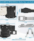 All In One Washer Door Lock Kit With Switch And Strike For LG Kenmore Replaces WM3670HVA WM3770HVA WM8000HVA WM4000HWA WM3600HVA Built Tough No Fuss Install Electromagnetic Auto Lock For Wash And Spin Cycles showing measured lock switch and strike parts