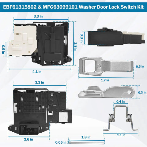 All In One Washer Door Lock Kit With Switch And Strike For LG Kenmore Replaces WM3670HVA WM3770HVA WM8000HVA WM4000HWA WM3600HVA Built Tough No Fuss Install Electromagnetic Auto Lock For Wash And Spin Cycles showing measured lock switch and strike parts