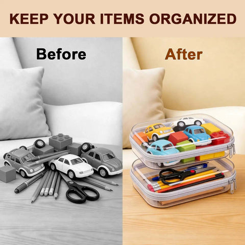 Before and after image showing cluttered toys and stationery transformed into the Two Pack Clear Hard Shell Zipper Case Travel Organizer Pouch.