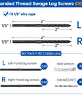 80 Pack 1/8 Inch Black Cable Railing Hardware Kit With Left And Right Handed Swage Lag Screws For Wood Posts In T316 Stainless Steel Deck Cable Railing System 40 Pairs CK17 components shown with dimensions and tools.