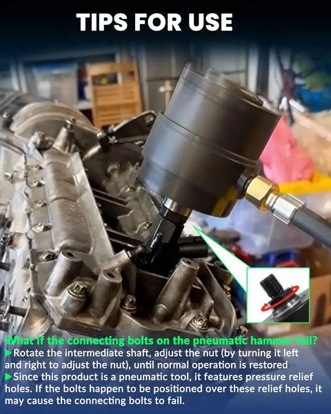 Diesel Injector Puller Tool Kit With Pneumatic Impact Air Tool in use on engine, showing adjustment tips and close-up of bolt.