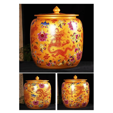 Big Ol Ceramic Rice Canister With Tight Lid For Keeping Flour Grains And Dry Goods Fresh, large orange ceramic canister with dragon design.