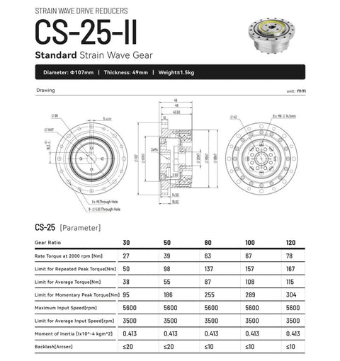 Technical drawing and specifications for CS-25-II Harmonic Drive Strain Wave Gear Reducer for automation stepper motor.