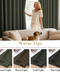 Woman pulling Olive Blackout Curtains Two Panel Set 52 Wide By 84 Long Thermal Insulated Room Darkening Window Drapes in living room.