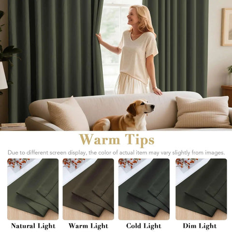 Woman pulling Olive Blackout Curtains Two Panel Set 52 Wide By 84 Long Thermal Insulated Room Darkening Window Drapes in living room.