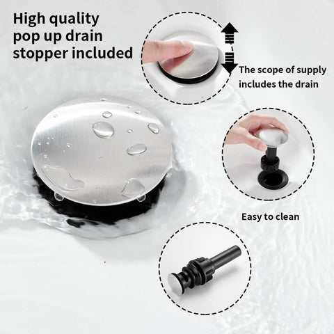 Waterfall Bathroom Faucet Brushed Nickel With Single Handle One Hole Deck Mount Vanity Tap Basin Mixer Includes Drain Assembly And Cover Plate For 1 Or 3 Hole Sinks Easy Install No Fuss showing pop-up drain stopper