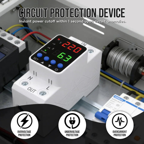 Adjustable Voltage Protector And Smart Circuit Breaker For 110V/220V Use Handles 80-210V Undervoltage To 130-300V Overvoltage 1-63A AC DIN Rail Voltage Stabilizer With Real Time Display And Overcurrent Protection, DIN rail mounted, white plastic