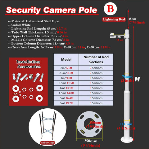 Heavy Duty Galvanized Steel Outdoor Camera Mounting Pole Kit With Ground Cages, Adjustable Heights From Six To Twenty Feet, Tool Free Assembly, Built To Last, Your Go To Setup For Backyard Or Parking Lot Surveillance