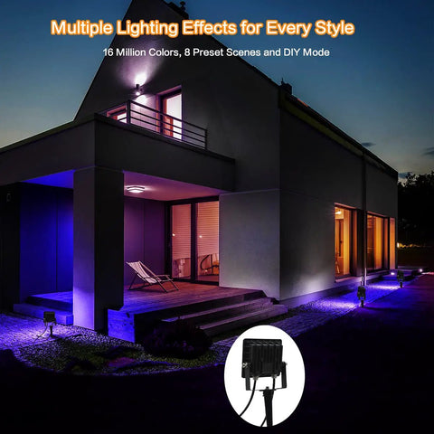 Outdoor LED Flood Lights Lit RGB Color Changing Smart Landscape Lights With 16 Million Colors Dimmable White Light Scene And Music Modes IP66 Waterproof Uplighting App And Voice Control For Patio Garden Yard Stage 6 Pack lighting a modern house exterior at night.