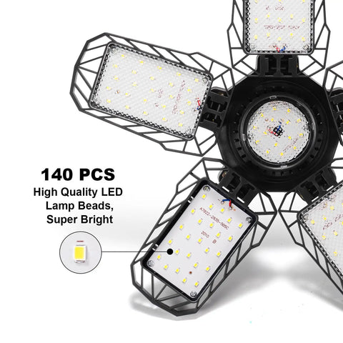 Ridiculously Bright LED Garage Light 400 Watt Equivalent 6500K with E26 and E27 base, close-up of LED lamp beads on panel