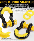 Beefed Up 3 Inch By 30 Foot Tow Strap Recovery Kit With Two Three Quarters Inch D Ring Shackles for trucks SUVs, black and yellow D-ring shackles with rubber washers and isolators