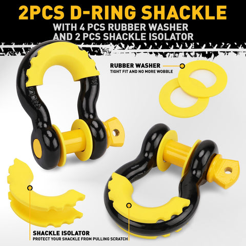 Beefed Up 3 Inch By 30 Foot Tow Strap Recovery Kit With Two Three Quarters Inch D Ring Shackles for trucks SUVs, black and yellow D-ring shackles with rubber washers and isolators