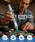 Person using Lead-Free Rosin No Clean Solder Flux Paste For Electronics Repair, 4 Pack 10cc Syringes on a circuit board