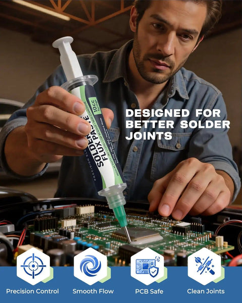 Person using Lead-Free Rosin No Clean Solder Flux Paste For Electronics Repair, 4 Pack 10cc Syringes on a circuit board