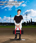 Child holding compact carry bag for 6x6 Ft Baseball Practice Net With 3 Targets, Portable Batting Hitting Pitching Throwing Net