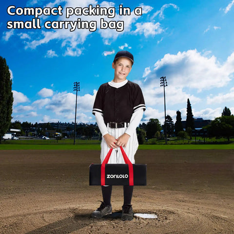 Child holding compact carry bag for 6x6 Ft Baseball Practice Net With 3 Targets, Portable Batting Hitting Pitching Throwing Net